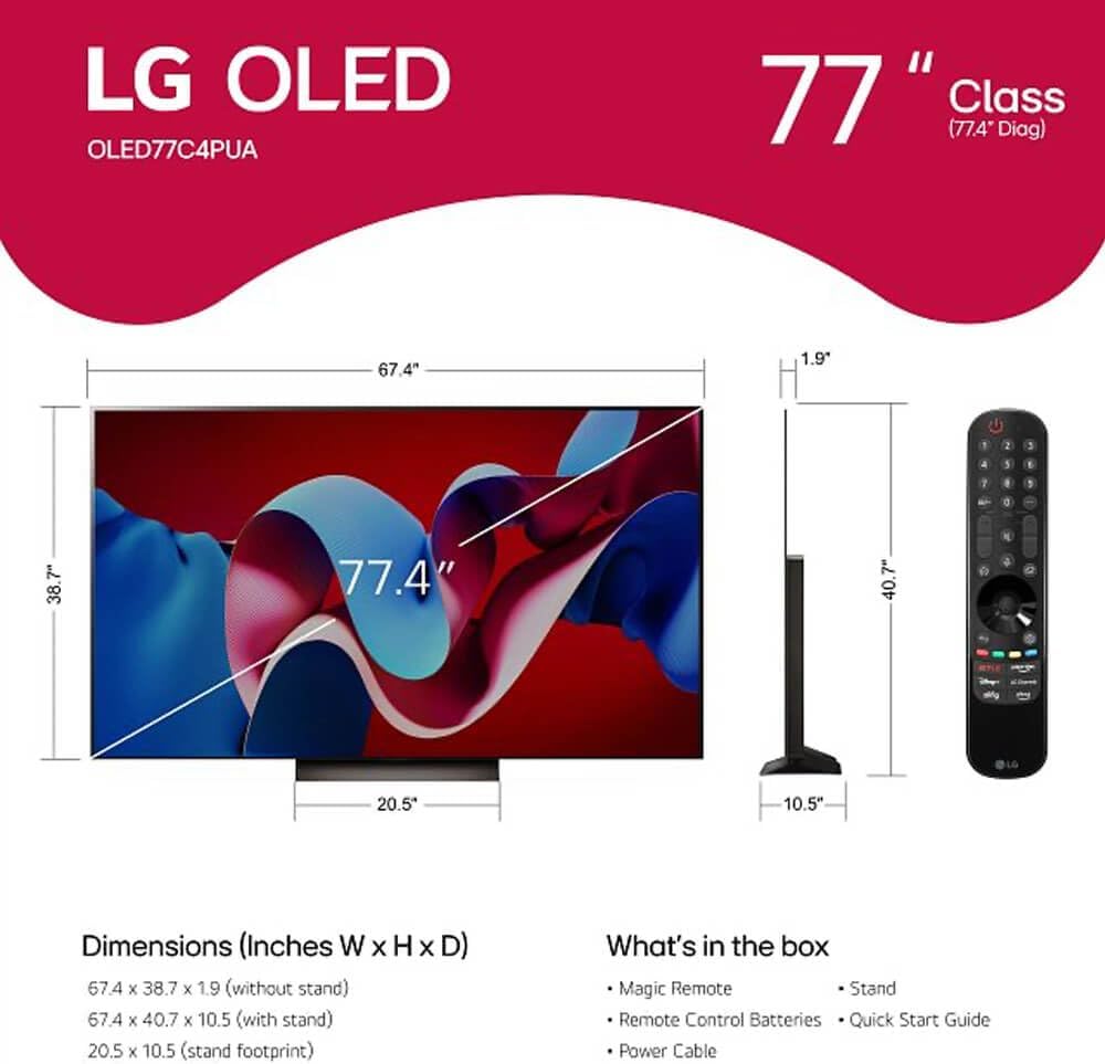 LG 77-Inch Class OLED evo C4 Series Smart TV 4K Processor Flat Screen with Magic Remote AI-Powered with Alexa Built-in (OLED77C4PUA, 2024) (Renewed)