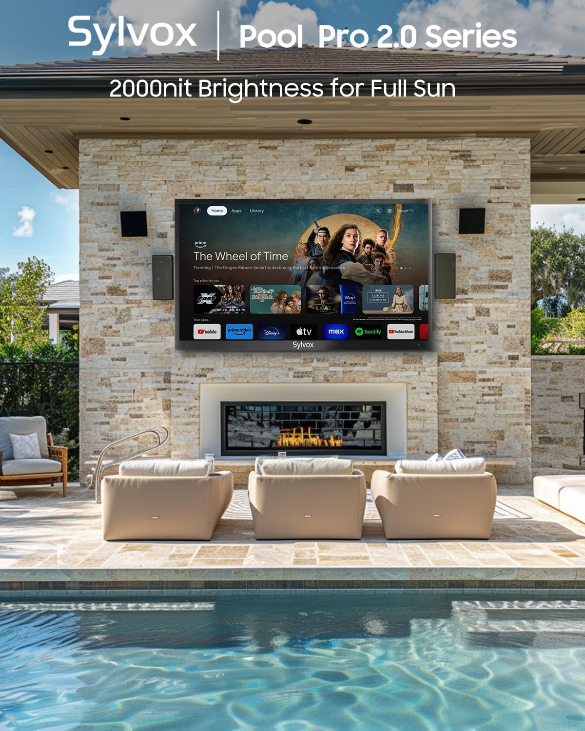 SYLVOX Outdoor TV, 43-Inch Waterproof Smart TV, 2000 nits Full Sun TV, 4K, Dolby Atmos, HDR10, Weatherproof Television with Voice Assistant Remote (Pool Pro 2.0, Latest Model)