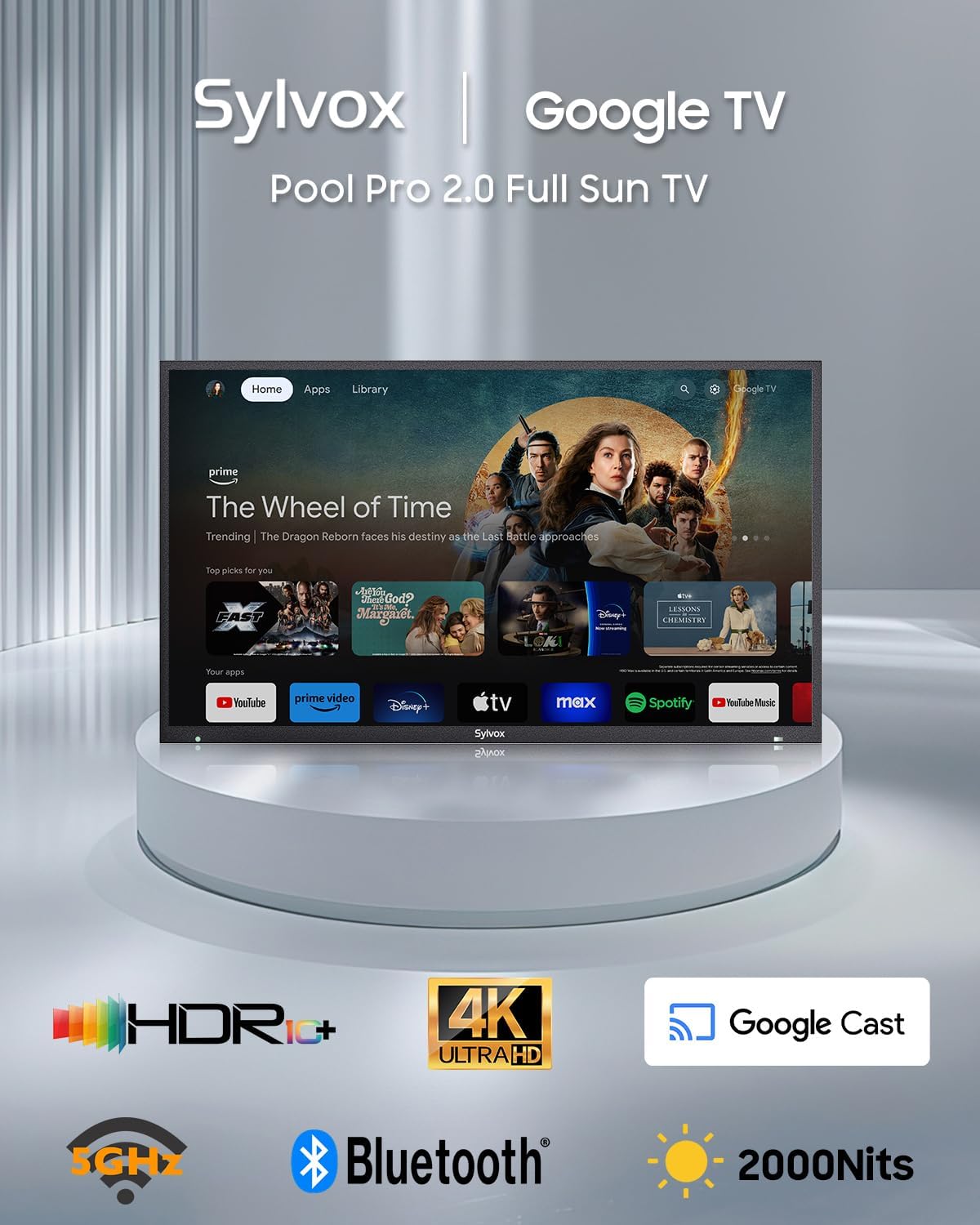 SYLVOX Outdoor TV, 43-Inch Waterproof Smart TV, 2000 nits Full Sun TV, 4K, Dolby Atmos, HDR10, Weatherproof Television with Voice Assistant Remote (Pool Pro 2.0, Latest Model)