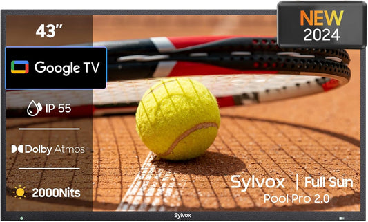 SYLVOX Outdoor TV, 43-Inch Waterproof Smart TV, 2000 nits Full Sun TV, 4K, Dolby Atmos, HDR10, Weatherproof Television with Voice Assistant Remote (Pool Pro 2.0, Latest Model)