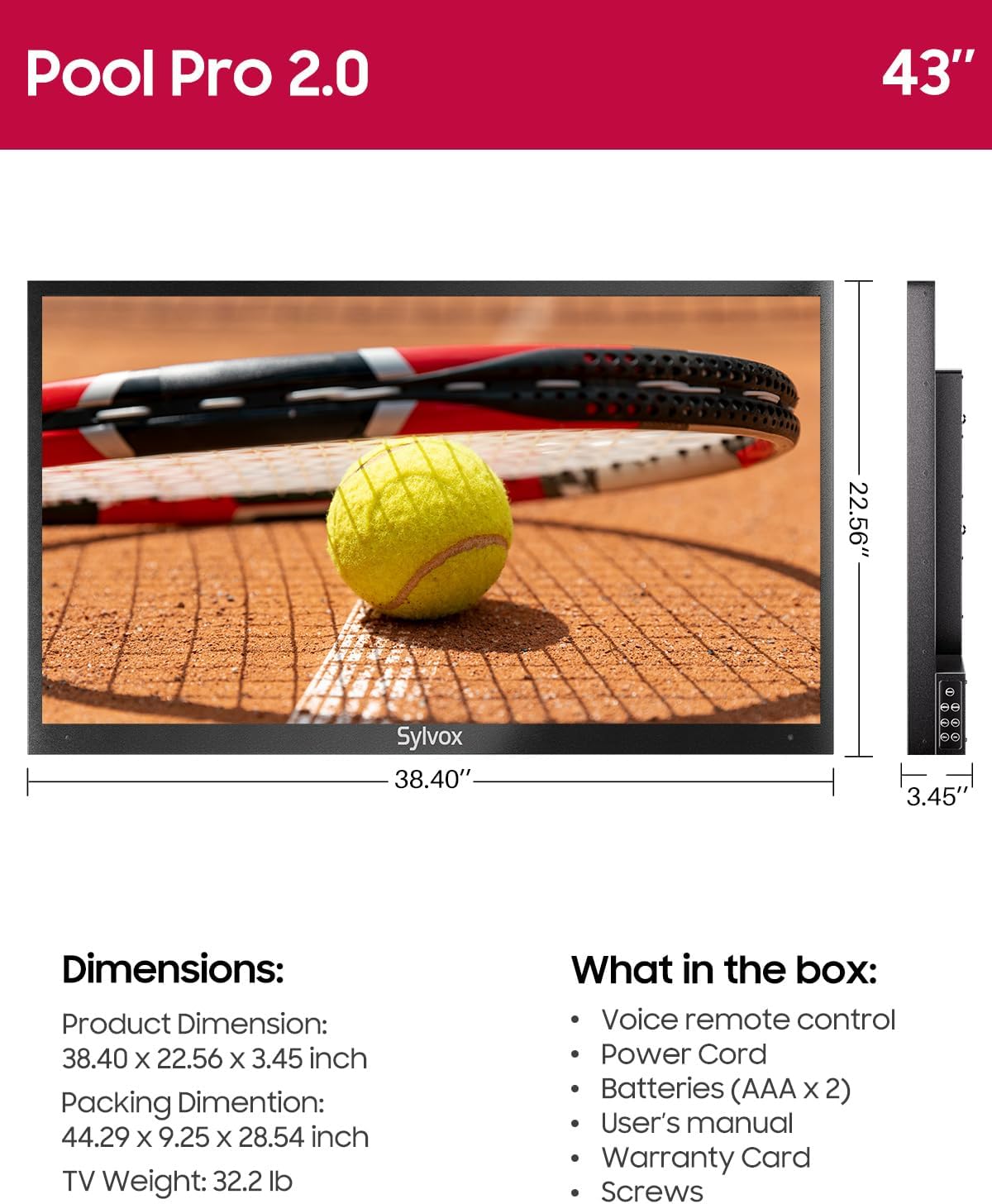 SYLVOX Outdoor TV, 43-Inch Waterproof Smart TV, 2000 nits Full Sun TV, 4K, Dolby Atmos, HDR10, Weatherproof Television with Voice Assistant Remote (Pool Pro 2.0, Latest Model)