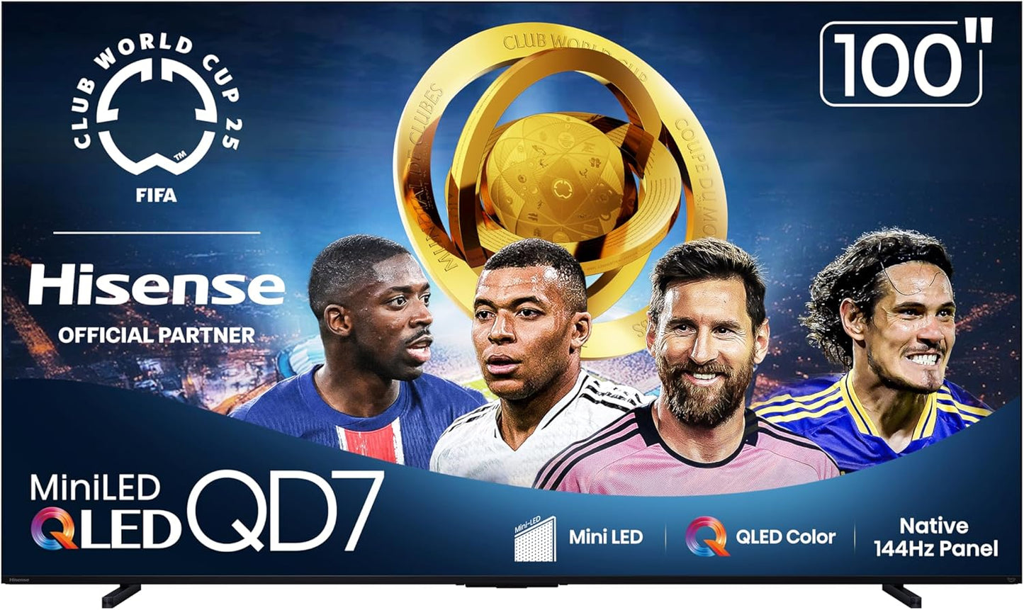 Hisense 100" Class QD7 Series Mini-LED 4K UHD Smart Fire TV (100QD7QF, 2025 Model) - QLED, 144hz, HDR10+, Dolby Vision, Dolby Atmos, Game Mode Pro, ALLM, Alexa Built in with Voice Remote, Black