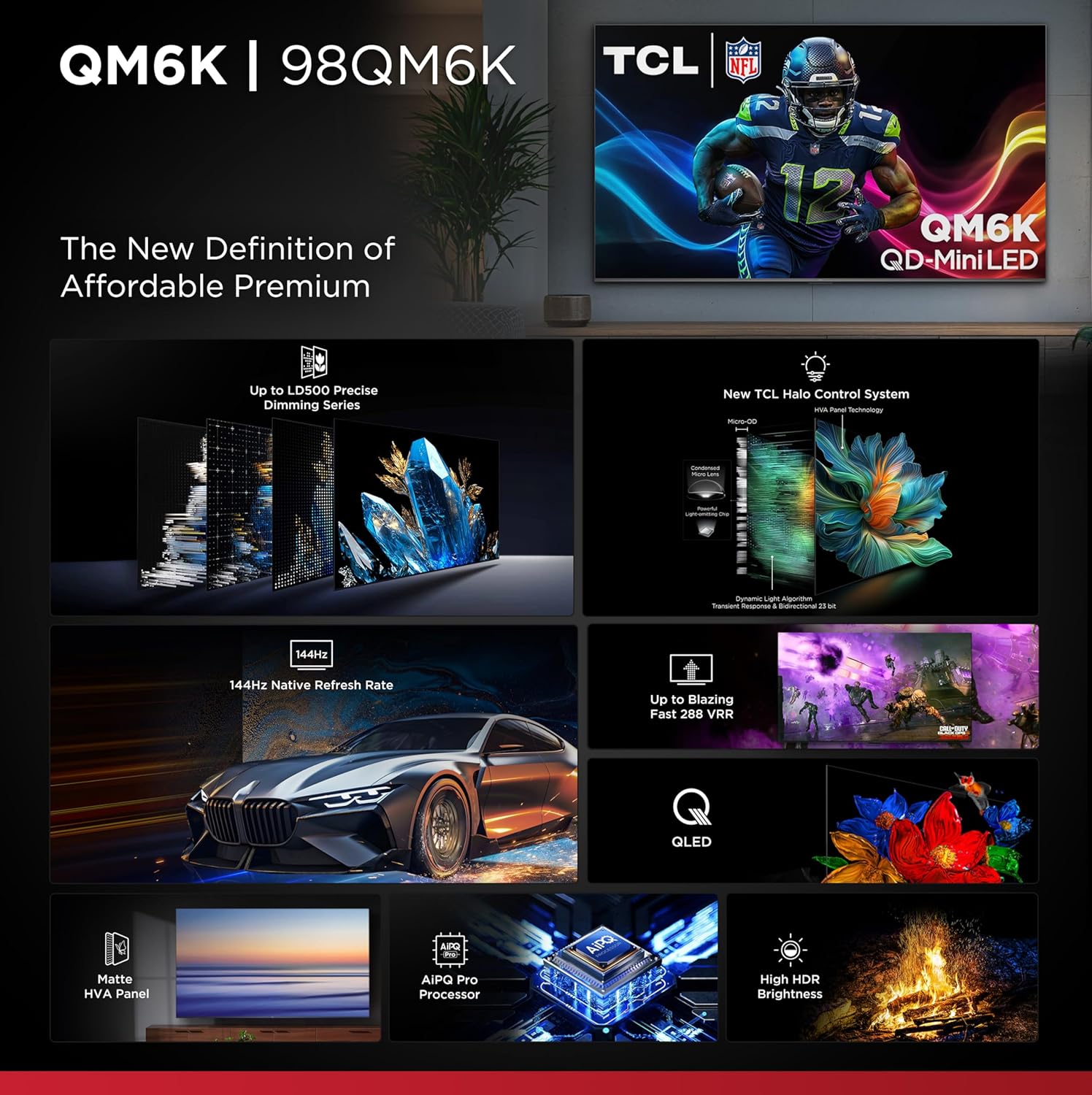 TCL 98-Inch Class QM6K Series QD-Mini LED 4K UHD Google Smart TV Best Value Mini-LED TV - QLED, 144hz, 288hz Gaming Rate, High Contrast Screen, Onkyo Audio, Dolby Atmos (98QM6K, 2025 Model)