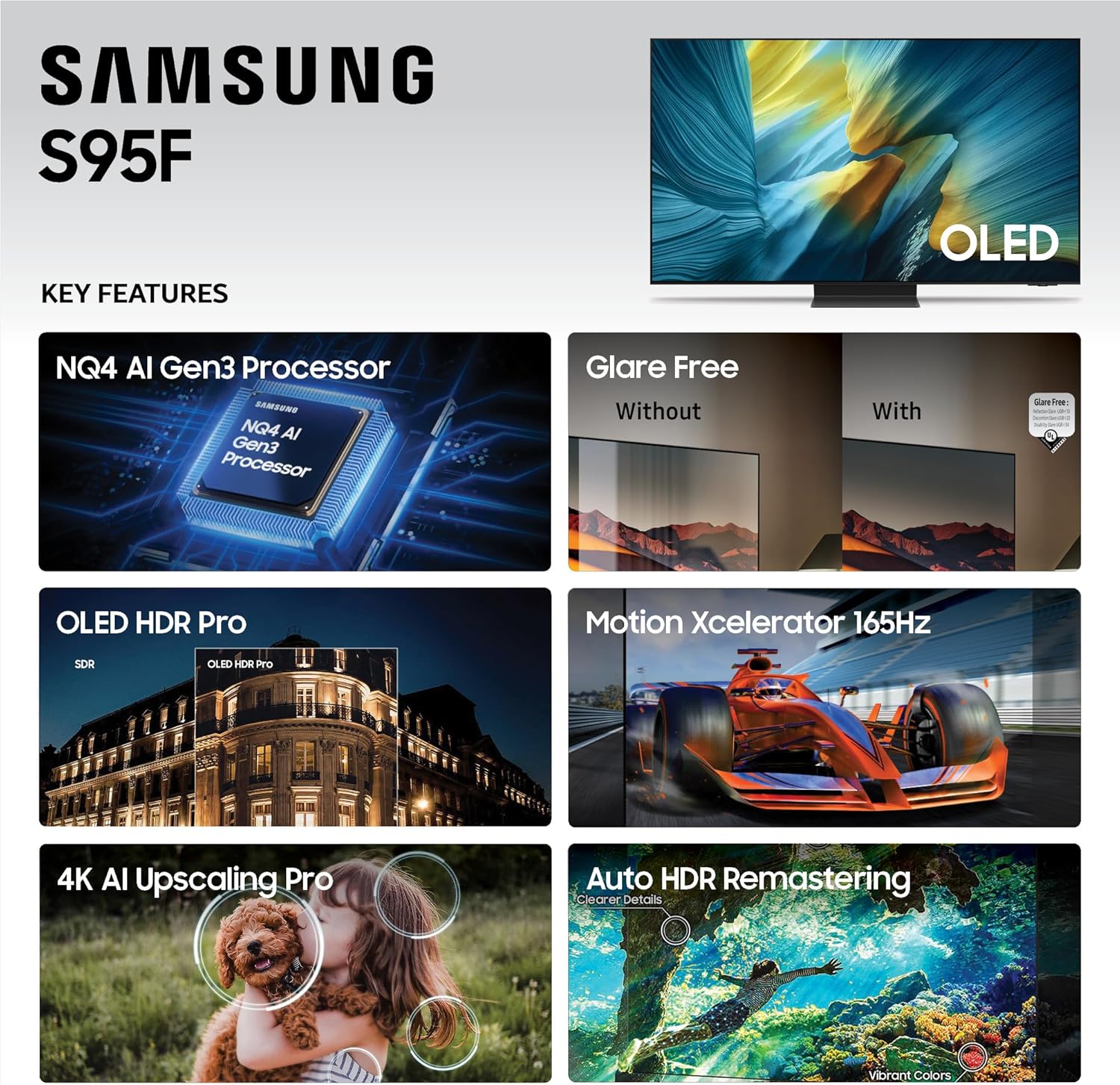 SAMSUNG 65-Inch Class OLED S95F 4K Glare Free Smart TV (2025 Model) NQ4 AI Gen3 Processor, OLED HDR Pro, Motion Xcelerator 164Hz, Dolby Atmos, Samsung Vision AI, Alexa Built-in