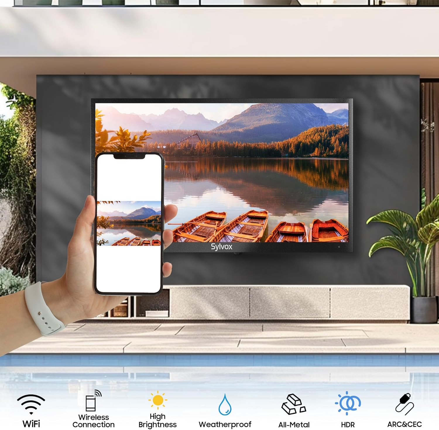 SYLVOX New 65” Outdoor Smart TV, Superior Waterproof Performance, Upgraded Matte Finish for Enhanced Anti-Glare Effect, Full Metal, with Dolby Atoms, 1000nits, Partial Sun Deck Pro 2.0+ Series