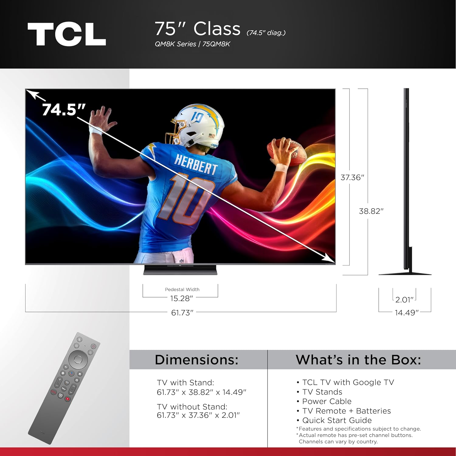 TCL 75-Inch Class QM8K Series QD-Mini LED 4K UHD Google Smart TV Next Generation Mini-LED TV - QLED, 144hz, 288hz VRR, No Bezel Design, Unrivaled Picture Quality, Ai Processing (75QM8K, 2025 Model)