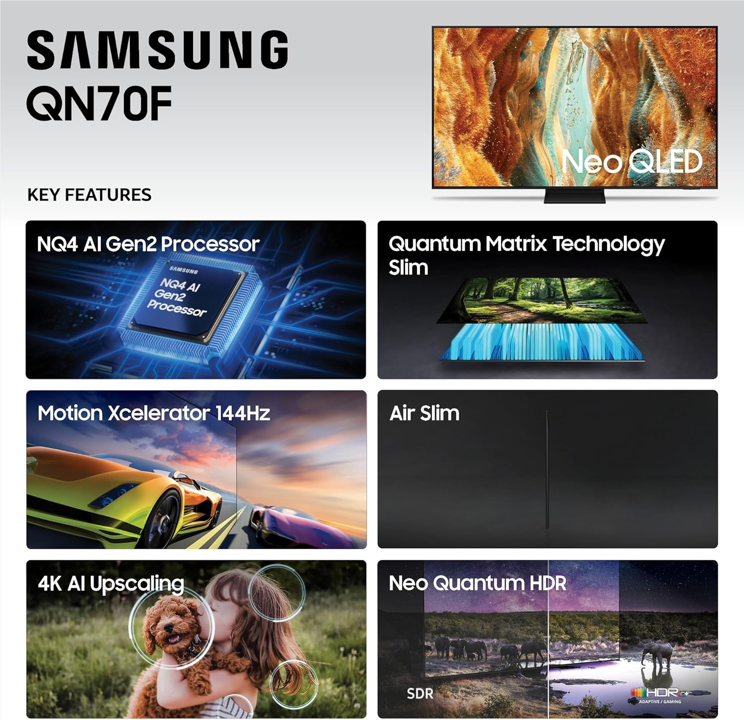 Samsung 85-Inch Class Neo QLED QN70F 4K Mini LED Smart TV (2025 Model) NQ4 AI Gen2 Processor, Quantum Matrix Technology Slim, Motion Xcelerator 144Hz, Samsung Vision AI, Alexa Built-in