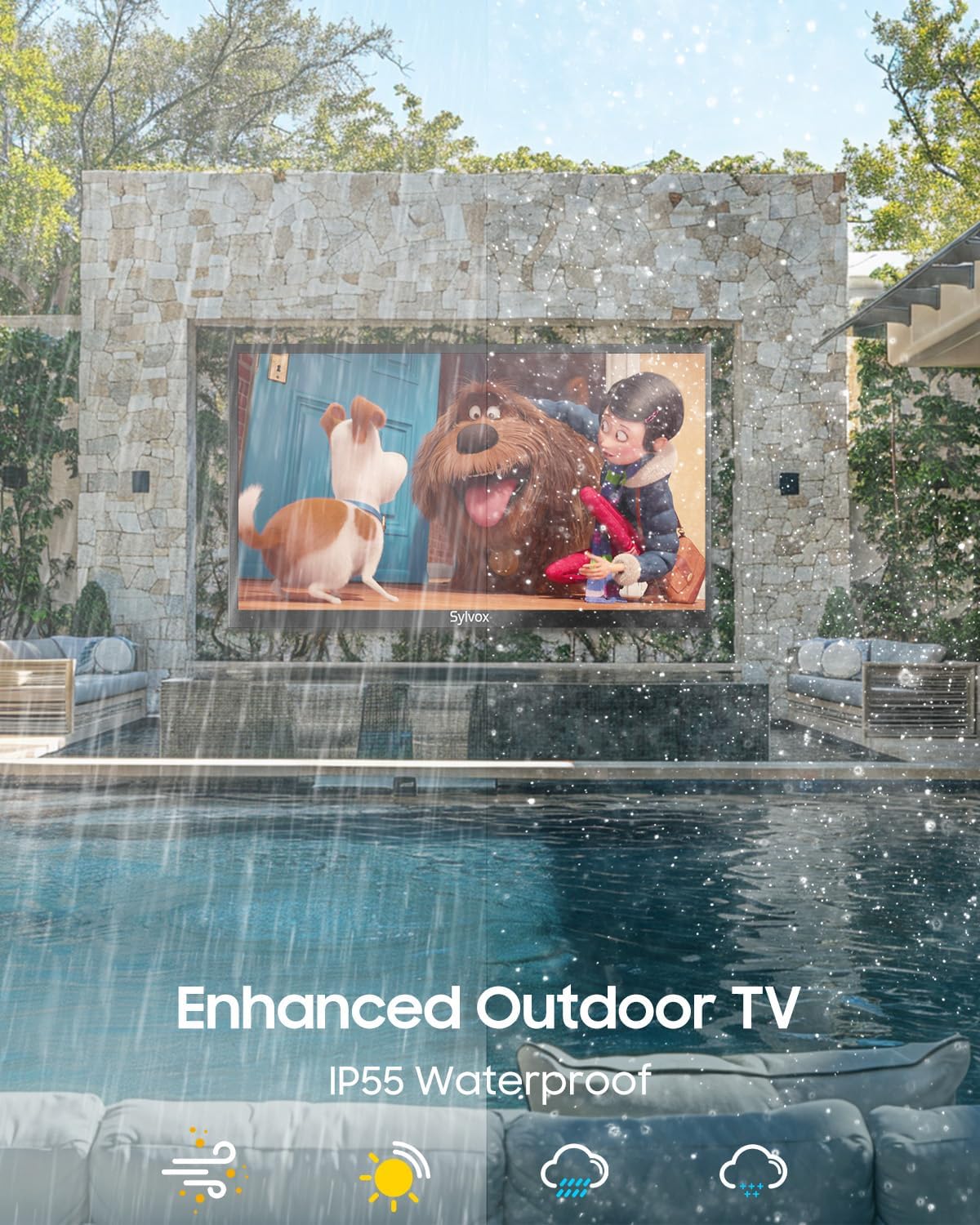 SYLVOX Outdoor TV, 43-Inch Waterproof Smart TV, 2000 nits Full Sun TV, 4K, Dolby Atmos, HDR10, Weatherproof Television with Voice Assistant Remote (Pool Pro 2.0, Latest Model)