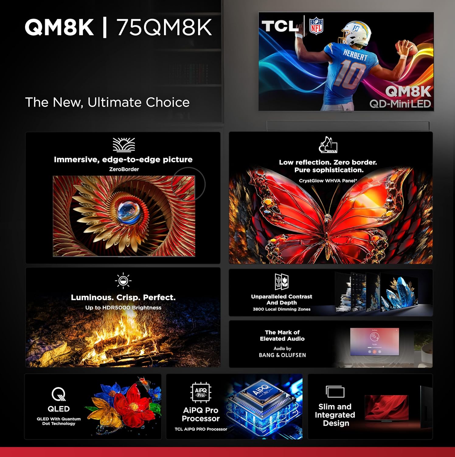 TCL 75-Inch Class QM8K Series QD-Mini LED 4K UHD Google Smart TV Next Generation Mini-LED TV - QLED, 144hz, 288hz VRR, No Bezel Design, Unrivaled Picture Quality, Ai Processing (75QM8K, 2025 Model)