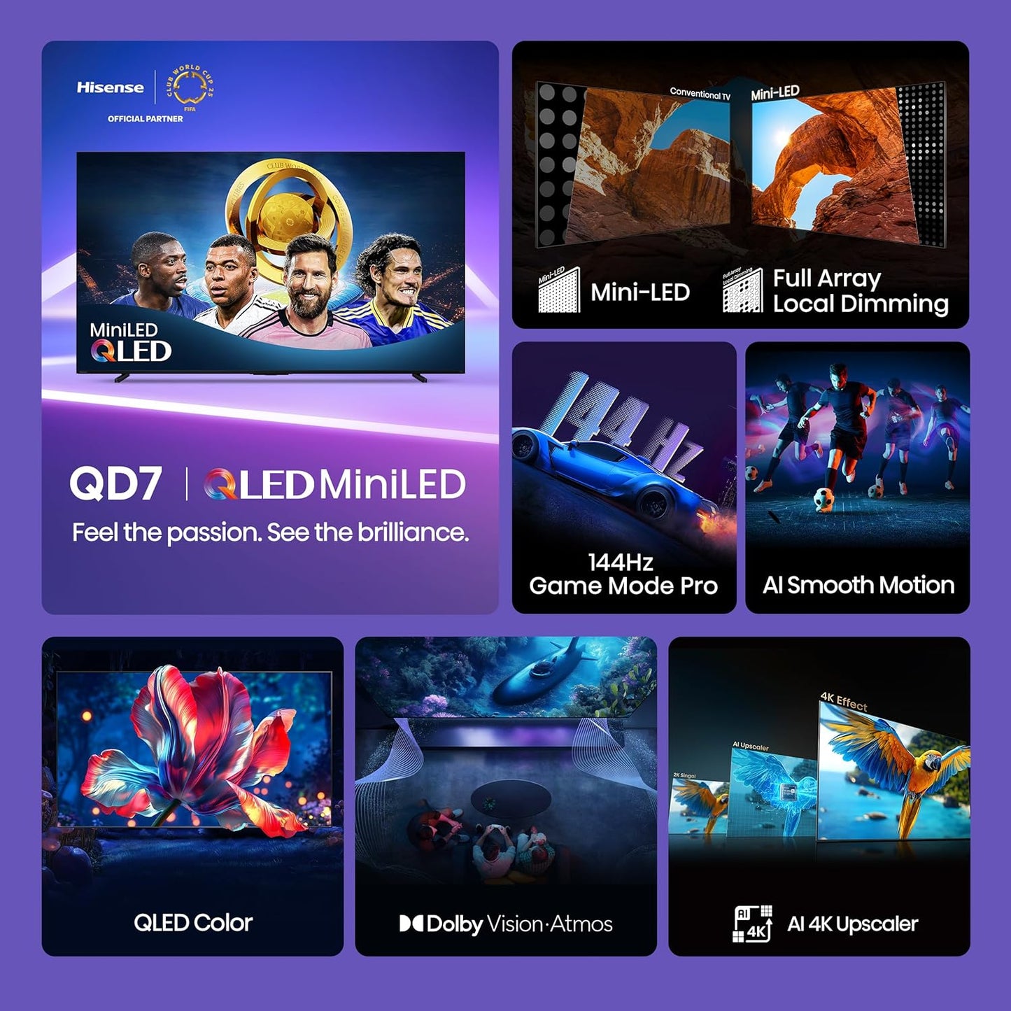 Hisense 100" Class QD7 Series Mini-LED 4K UHD Smart Fire TV (100QD7QF, 2025 Model) - QLED, 144hz, HDR10+, Dolby Vision, Dolby Atmos, Game Mode Pro, ALLM, Alexa Built in with Voice Remote, Black